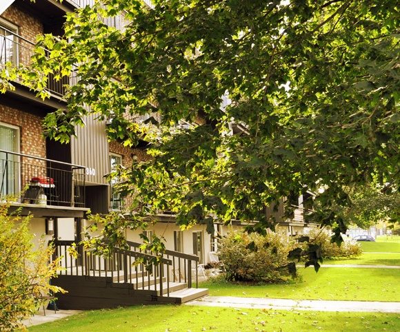 Le Bourg du Parc, immeuble de brique et balcons sous les érables