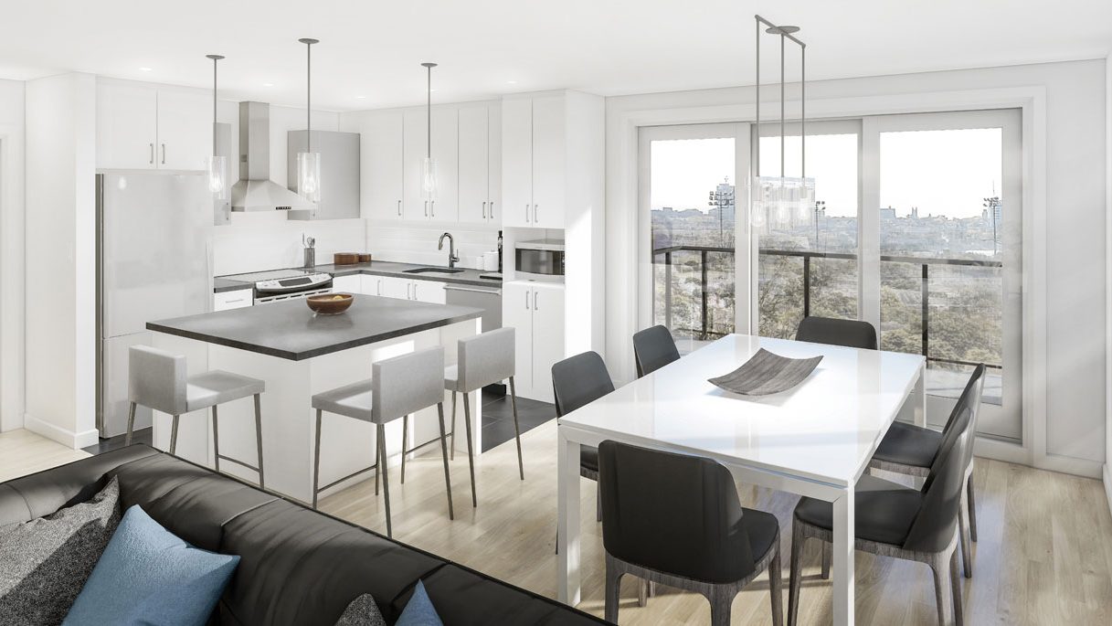 Cuisine blanche d'un condo Luxenbourg, îlot avec tabourets et grandes fenêtres